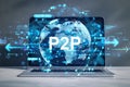Digital P2P exchange concept on laptop screen with global blockchain network and data connections in blue light on modern Royalty Free Stock Photo