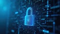 Digital padlock on abstract cyber security blue background with binary code. Image digital protection, secure online data privacy Royalty Free Stock Photo