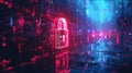 Digital padlock in abstract neon cyber space, dark data background, secure information. Theme of lock, protection, privacy, Royalty Free Stock Photo