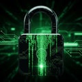 Digital Padlock with Binary Code on Futuristic Green Circuit Background Royalty Free Stock Photo