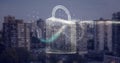 Digital padlock and binary code image over cityscape background