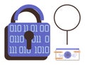 Digital Padlock with Binary Code, Magnifying Glass, and Cybersecurity Elements Royalty Free Stock Photo