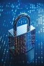 Digital padlock on blue background with binary code for cyber security. Royalty Free Stock Photo