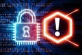 Digital padlock on circuit board with binary code and alert hexagon element Royalty Free Stock Photo