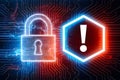 Digital padlock on circuit board with binary code and alert hexagon element Royalty Free Stock Photo