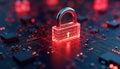 Digital padlock on circuit board. Binary code shows red alert. Modern tech system data protection issue. Encryption, network
