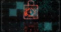 Digital padlock and circuit board, cybersecurity image over futuristic background