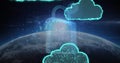 Digital padlock and cloud icons floating above Earth, symbolizing cybersecurity Royalty Free Stock Photo