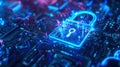 Digital padlock in cyber space, abstract blue data background, secure computer information. Theme of technology, lock, protection Royalty Free Stock Photo