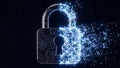 Digital padlock disintegrating into blue light particles on black background Royalty Free Stock Photo