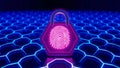 A digital padlock with a fingerprint on a blue hexagonal grid pattern glowing with neon lights design Royalty Free Stock Photo