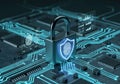 Digital padlock with fingerprint shield over glowing circuitry. Concept of advanced cybersecurity, data protection, and biometric Royalty Free Stock Photo