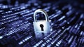 Digital padlock floating in a grid of encrypted data streams, representing robust cybersecurity systems Royalty Free Stock Photo