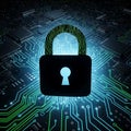 Digital Padlock on Futuristic Circuit Board security Royalty Free Stock Photo