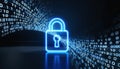 Digital padlock glowing blue surrounded by binary code on dark background Royalty Free Stock Photo