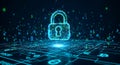 Digital padlock with glowing circuit patterns on a dark background with binary code Royalty Free Stock Photo