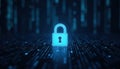 Digital padlock glowing on computer code background. Cyber security and data protection concept Royalty Free Stock Photo