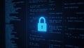 Digital padlock glowing on computer code background. Cyber security and data protection concept Royalty Free Stock Photo
