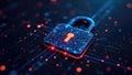 A digital padlock with a glowing keyhole on a circuit board background. The design features blue and red lights, symbolizing Royalty Free Stock Photo