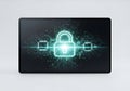 Digital padlock with glowing lines and binary code on a black background Royalty Free Stock Photo