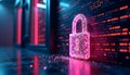 Digital padlock glowing with neon pink light against a backdrop of binary code and futuristic server racks Royalty Free Stock Photo