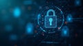 Digital padlock icon with binary code on abstract blue background. Cybersecurity concept Royalty Free Stock Photo