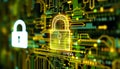 Digital padlock icon on circuit board with binary code Generative AI Royalty Free Stock Photo