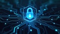Digital padlock icon with circuit board pattern. Secure data network graphic with glowing blue lines and nodes. Futuristic Royalty Free Stock Photo