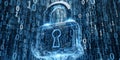 Digital padlock icon glowing with blue light against background of binary code representing cybersecurity and data protection Royalty Free Stock Photo
