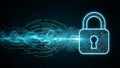 Digital padlock icon with glowing circuit board and binary code streams security cybersecurity Royalty Free Stock Photo