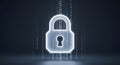 Digital padlock icon glowing white against a deep blue background with abstract streaming binary code data lines. Royalty Free Stock Photo