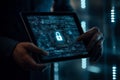 Cybersecurity concept, digital padlock symbol glowing on a tablet screen with abstract futuristic data streams and circuits Royalty Free Stock Photo