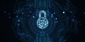 Digital Padlock Icon with Neon Outline on Dark Network Background. 3D Rendering