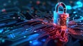 Digital padlock icon protection of online data against cyber threats, unauthorized access, malicious activities. Secure