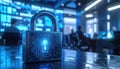 Digital padlock illuminated with neon blue light symbolizing data protection cybersecurity and privacy in modern digital Royalty Free Stock Photo