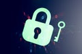 Digital padlock and key with binary numbers and data lines on a gradient background, symbolizing cyber security, secure access, Royalty Free Stock Photo