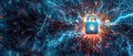 Digital padlock with lightning in cyber space, abstract data background, secure computer information. Theme of lock, protection,