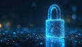 Digital padlock made of glowing particles floats above network grid. Cyber security concept, data protection, access control and Royalty Free Stock Photo