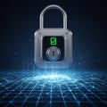 A digital padlock with a metallic finish is suspended in a virtual environment. It Royalty Free Stock Photo