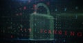 A digital padlock with numbers and letters is floating in dark, matrix-like environment