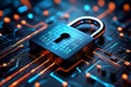 A digital padlock secured on a circuit board with binary code Royalty Free Stock Photo