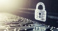 A digital padlock secures a circuit board with binary code in the background (AI Generated) Royalty Free Stock Photo