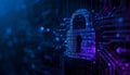 A digital padlock secures a circuit board with binary code in a futuristic cybersecurity concept Royalty Free Stock Photo