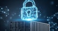 Digital padlock secures shipping container with glowing network connections symbolizing data protection and logistics security Royalty Free Stock Photo