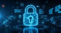 Digital padlock security network illustration with interconnected data protection icons on blue background Royalty Free Stock Photo
