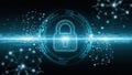 Digital padlock symbol with binary code and network nodes on a dark blue background with light blue highlights Royalty Free Stock Photo