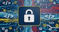 Digital security concept with padlock icon over futuristic circuit board and technology data flow elements Royalty Free Stock Photo
