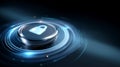 Digital lock icon on a circular button surrounded by glowing blue and white light effects against a dark background Royalty Free Stock Photo