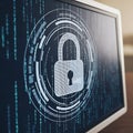 Digital padlock symbol on computer screen with binary code Royalty Free Stock Photo