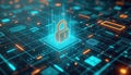 Digital padlock symbol glows on circuit board. Secure data network protection. Cyber security concept. Tech innovation, network Royalty Free Stock Photo
